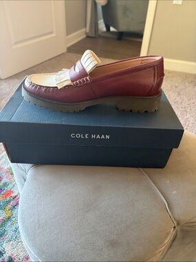 Womens Cole Haan Burgundy and Cream Kiltie Lug Sole Loafers.